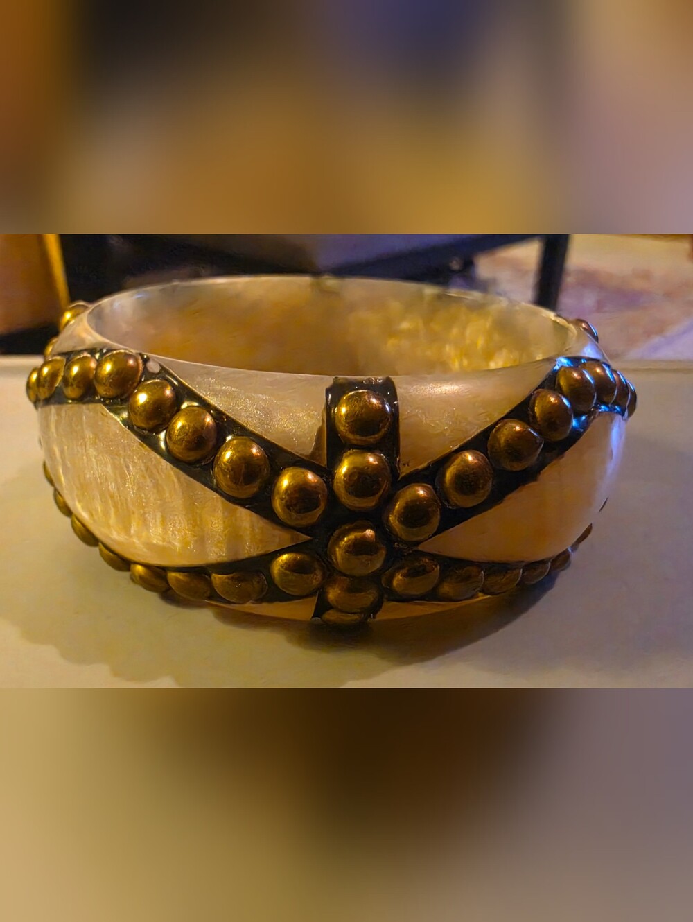 Vintage Ivory Cream marbleized studded 3" wide bangle bracelet